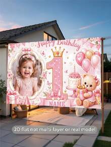 Customizable Photo & Name Pink Floral 1st Birthday Happy Birthday Backdrop, Pink Floral Banner, Balloons, Birthday Cake, Gold Crown, Gift Box, Teddy Bear Decor Design, Suitable For Princess 1st Birthday Theme Party Cake Table Background Decoration Photography Banner Vinyl - E - View 6