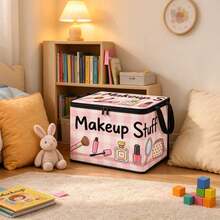 1PC Foldable Makeup Storage Box With Zipper, Cute Cartoon Beauty Print Storage Box, Comes With A Handle, Can Store Clothes And Various Miscellaneous Items, Delicate Bedroom Decor, Room Decoration - Pink - View 3