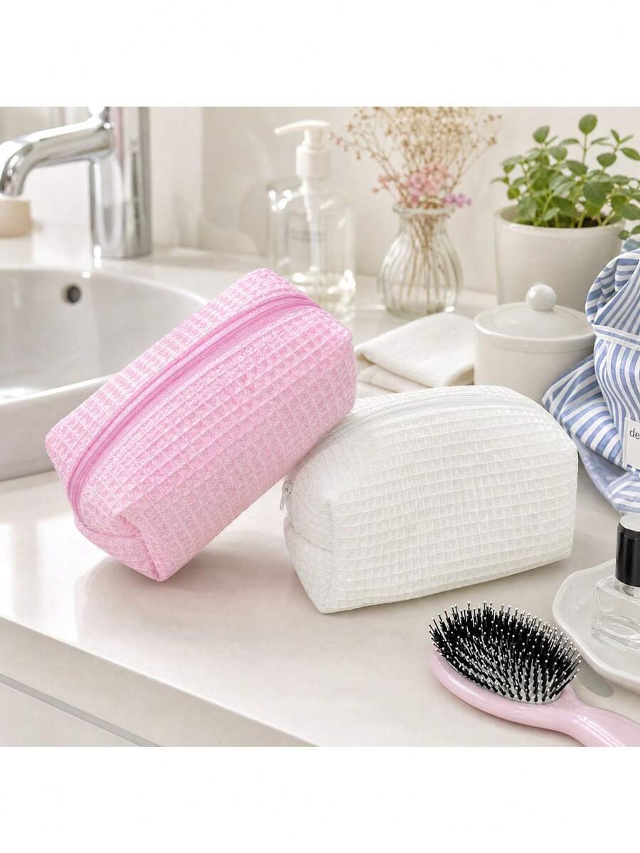 Pink Waffle Texture Makeup Bag, Soft Fabric Zipper Cosmetic Storage Bag, Large Capacity Portable Travel Toiletry Organizer Bag, Suitable For Women's Daily Use - Multicolor - View 1