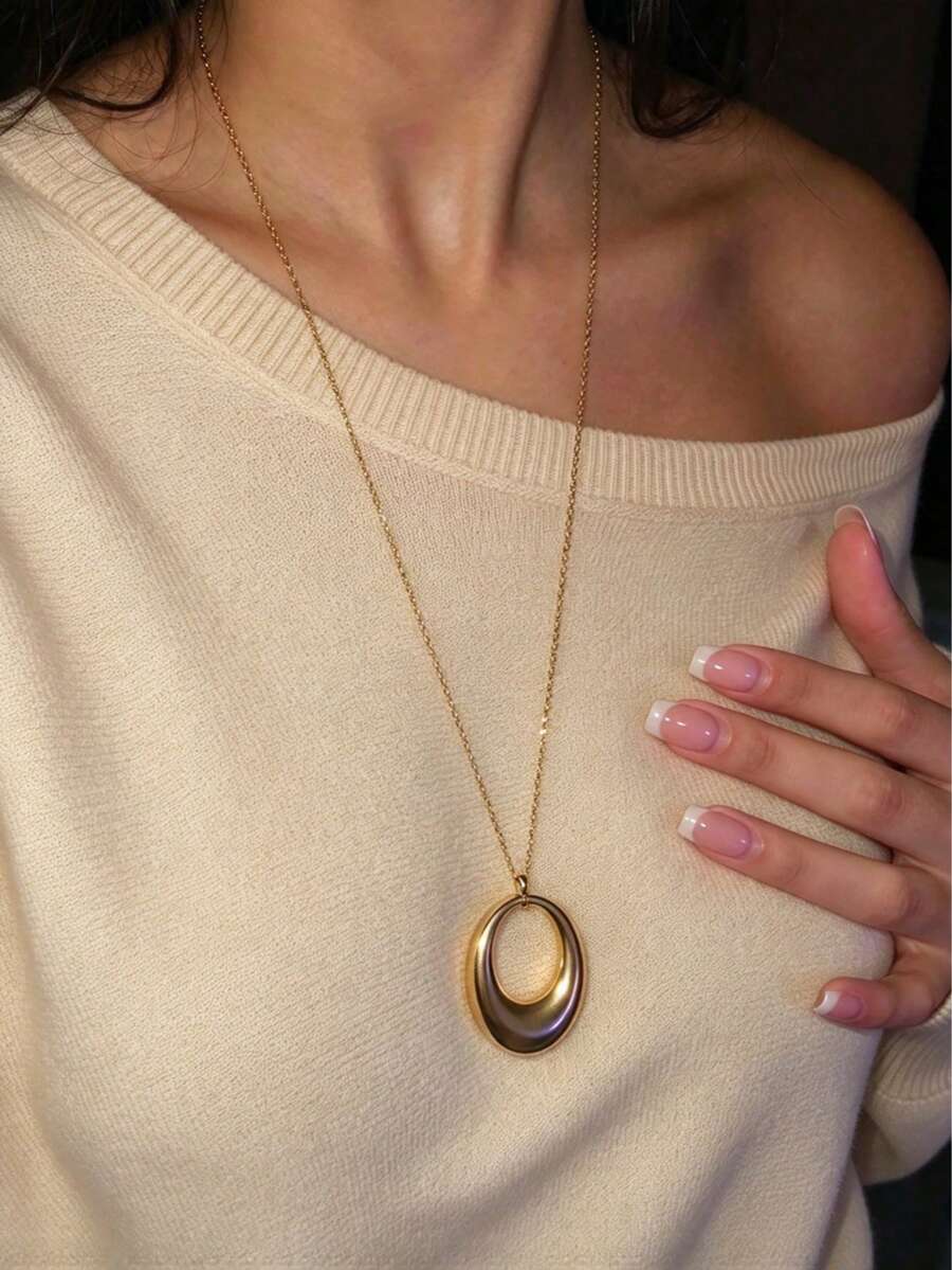 1 Elegant Gold Plated Oval Pendant Necklace For Women, Hollow Openwork Design, Minimalist For Daily Wear - Yellow Gold - View 1