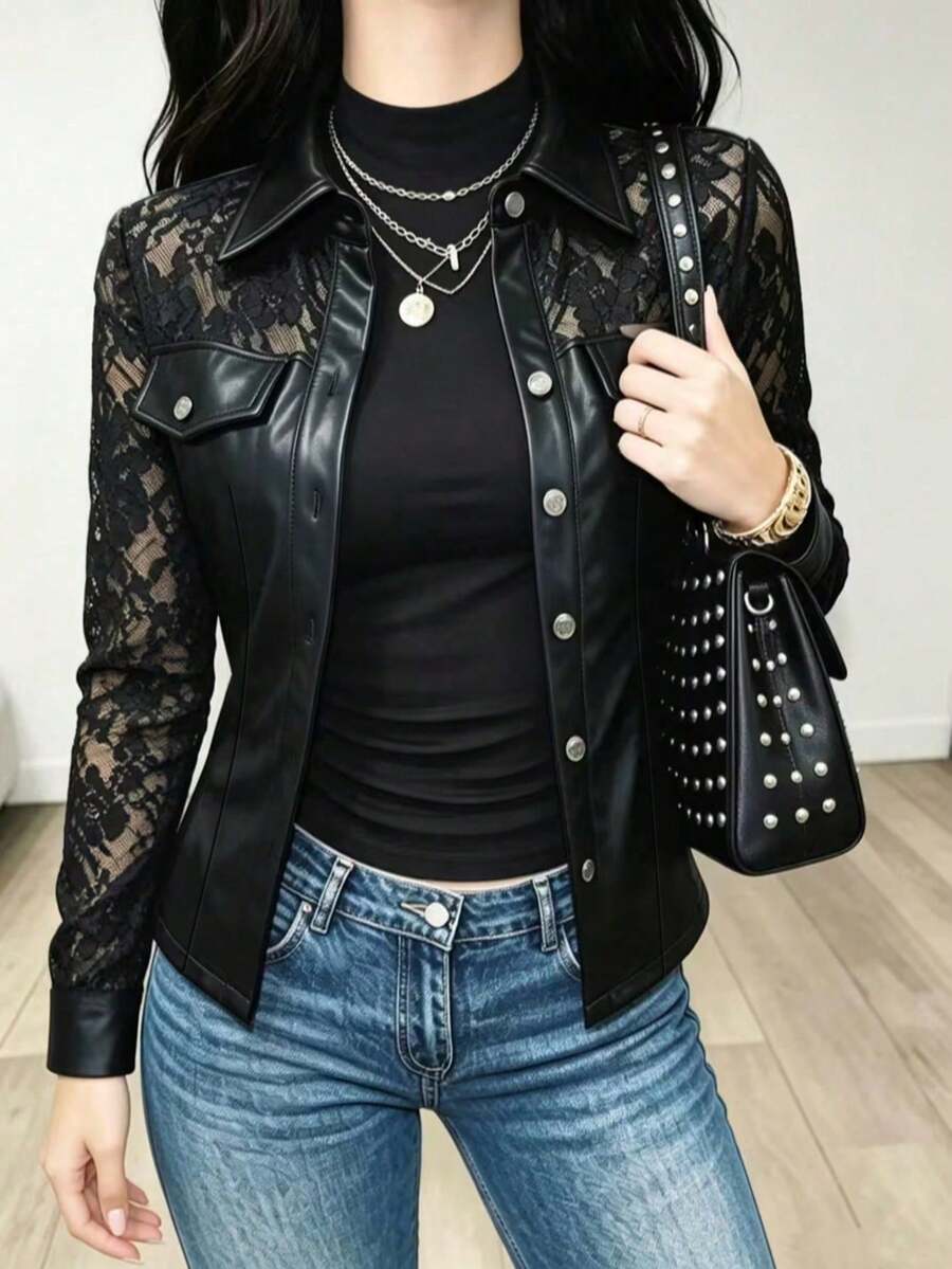 Vintage Women's New Elegant Motorcycle Leather Jacket, Lace Patchwork + Front Button Placket Design, Fashion Commute Versatile, Beautiful Women's Leather Patchwork Jacket - Black - View 1