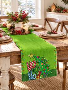 1pc Christmas Table Runner, Green HO HO HO Christmas Tree Light Print Linen Table Runner, Festive Rectangular Dining Table Decor For Kitchen, Family Dinner, Xmas Party, Holiday Banquet, Winter Farmhouse Home Decoration - A - View 6