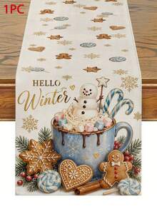 Winter Christmas Table Runner, Hello Winter Snowman Hot Cocoa Gingerbread Man Snowflake Candy Cane Pattern, Cute Farmhouse Country Style Holiday Table Decor, Suitable For Home Kitchen Party Indoor Christmas Decoration - Multicolor - View 13