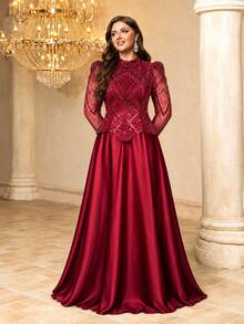 UNITHORSE [Random Cut] Plus Size Women's Elegant Stand Collar Straight Sleeve With Slight Cuff Slit Sequin Patchwork Satin Formal Evening Gown Dress - Burgundy - View 5