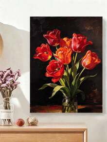 DIY Paint By Numbers Kit, Red Tulips In Glass Vase Still Life Oil Painting, Handmade Floral Home Wall Art Decor - A - View 2