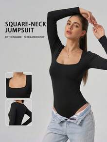 Jumpsuit Wanita Model Slim Fit dengan Leher Persegi, Warna Polos, Desain Melangsingkan, Cocok untuk Jalan-jalan, Olahraga, Santai di Rumah, dan Pakaian Sehari-hari - Hitam - View 13