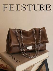 FEISTURE 1pc Solid Color PU Soft Chain Shoulder Bag, Metal Buckle Decor Flap Large Capacity One Shoulder Bag, Suitable For Girls, Women, College Students, New Professionals And Office Workers, Perfect For Work, Business, Commuting, School - Coffee - View 5