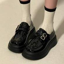 BulaLa Cute Leather Shoes Solid Color Preppy Academy Gothic Style Cute PU Leather Buckle Home Suitable For Spring Summer Autumn Winter - Black - View 3