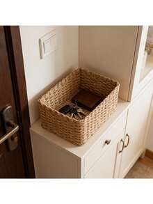 1pc Handmade Woven Natural Beige Storage Basket, Featuring Open Weave Design And Sturdy Rattan Structure, Perfect For Bathroom, Bedroom, Living Room, Dorm And Desk Use - A Stylish Home, Office And Shelf Organizer, Storage Basket - Multicolor - View 4