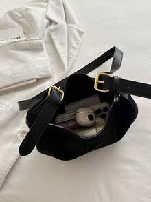 New Vintage Fashion Solid Color Crescent Bag, Zipper Closure, Adjustable Long Strap, Large Capacity Lightweight Minimalist, Soft Texture Casual Crossbody Bag - Black - View 6