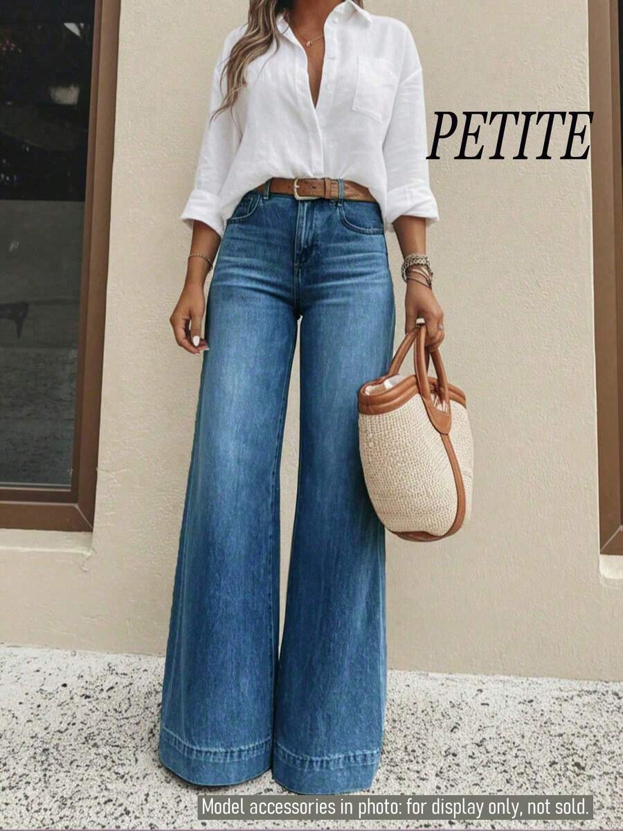 Women's Petite Washed Stretch Denim Pants, Suitable For Commuting In All Seasons, Flared Leg Jeans - Teal Blue - View 1