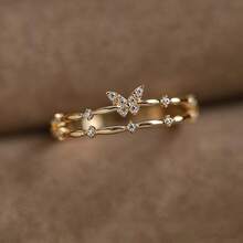 falinne S925 Sterling Silver Double Layer Butterfly Ring, Dainty CZ Zirconia Stackable Open Ring For Women, Minimalist Gold Plated Finger Band Jewelry Gift - Open Double Layer Butterfly Ring - View 6