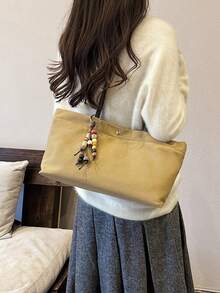 Women's Casual Khaki Canvas Shoulder Tote Bag, Minimalist Snap Button Design, Large Capacity, Artistic Beaded Charm Commuter Underarm Bag - Khaki - View 7
