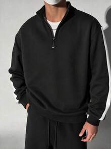 Men's Autumn/Winter Casual Versatile Minimalist Commuter Patchwork Loose Drop Shoulder Zip-Up Collared Sweatshirt - Black - View 1