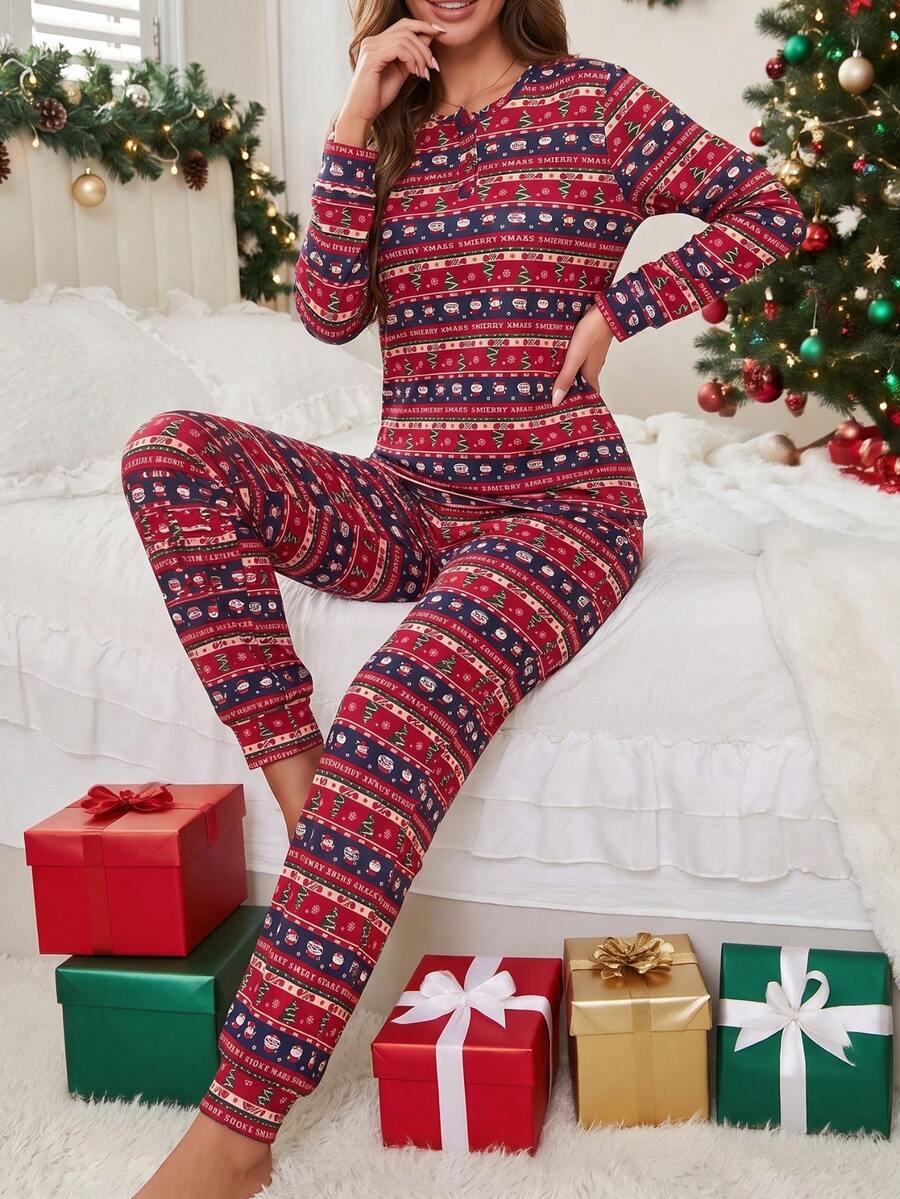 Women's 2-Piece Christmas Long Pajama Set, Spring/Autumn Indoor Fleece Christmas Element Print Comfortable Long Sleeve Sleepwear - Red - View 1