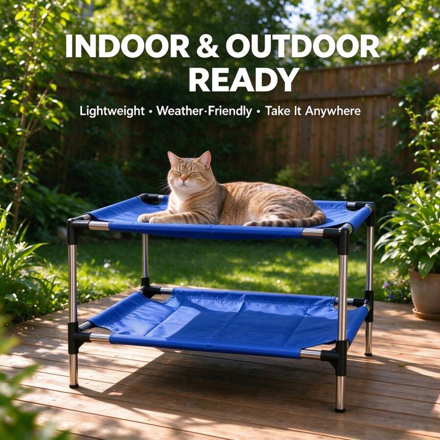 1pc Blue Double-Layer Elevated Cat Bed, Stainless Steel Raised Cat Nest, Breathable And Easy To Clean Pet Sleeping Bed, Suitable For Multi-Cat Households - Blue - View 1