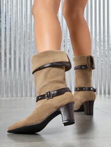 Women's Rivet Strap Foldable Shaft Pointed Toe Block Heel Retro Mid Calf Boots - Khaki - View 3