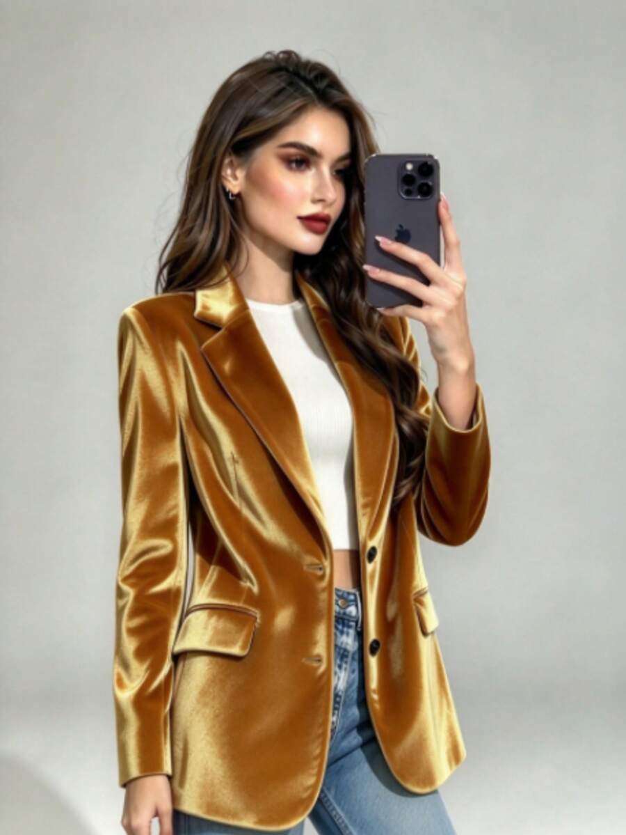 1pc Autumn/Winter Casual Commute Fashion Versatile Glamorous Velvet Lapel Long Sleeve Faux Pocket Cardigan Jacket - Gold - View 1