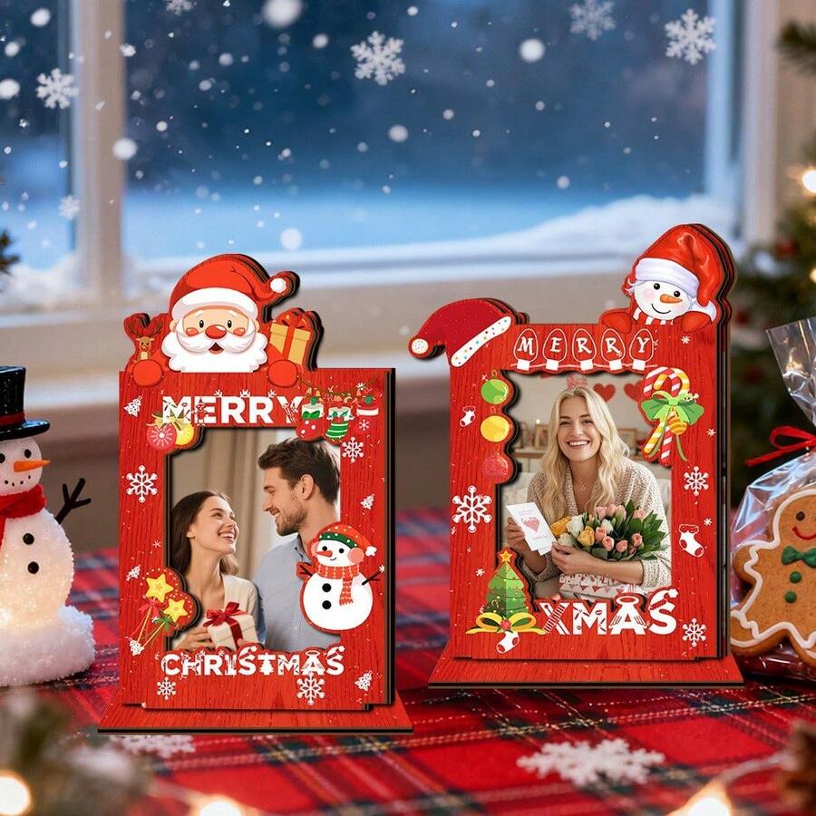 2D Flat Merry Christmas Wooden Photo Frame, Santa Claus & Snowman Cartoon Desktop Display, Holiday Commemorative Picture Frame, Christmas Atmosphere Decor Gift, No Electricity Required - A - View 1