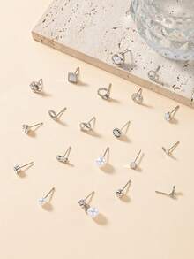 20 Pairs Square Snowflake Faux Pearl Infinity Symbol Stud Earrings Set, Suitable For Women's Commute And Daily Wear - Silver - View 3