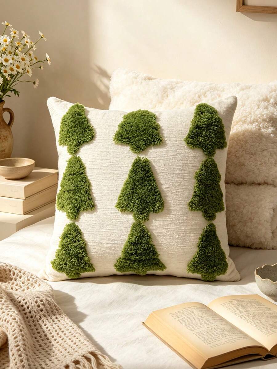 1pc Christmas Tree Theme Pillowcase, Suitable For Living Room Sofa Or Bedroom, Create Holiday Atmosphere; Zipper Closure, Machine Washable; Pillow Insert Not Included - Green - View 1
