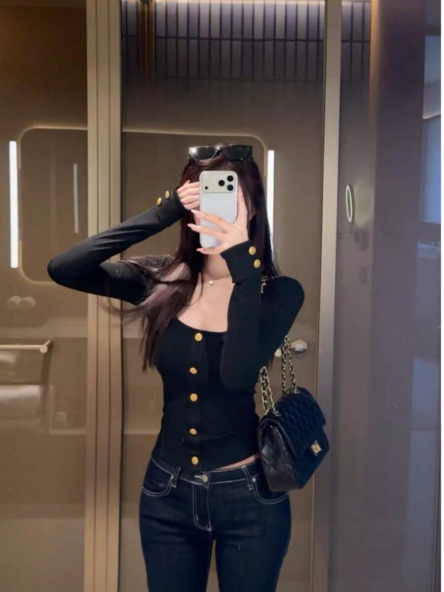 Hot Girl Style American Square Neck Button Long Sleeve T-Shirt Women New Slim Fit Flattering Versatile Top - Black - View 1