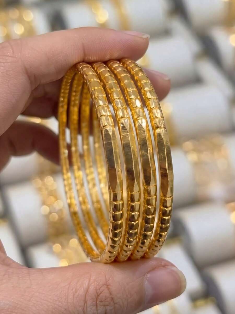4pcs/Set 24K Gold Plated Closed Bangle Bracelet Set, Rust-Proof Gold Tone Alternative With Segmented Bamboo Texture And Smooth Metal Solid Chain, Exquisite Jewelry