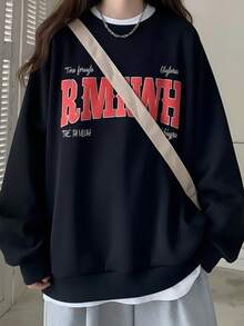 Korean Style Casual Oversized Letter Print Crew Neck Pullover Sweatshirt Women Autumn Lazy Drop Shoulder Black Loose Fit Top - Black - View 1
