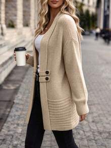 Cardigan Rajut Lengan Panjang Kancing Ganda Kasual Warna Polos Ukuran Besar dengan Sabuk Dekoratif - Unta - View 6
