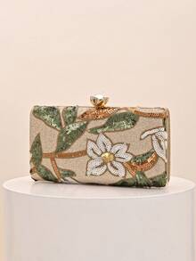 1pc Vintage Floral Sequin Embroidered Evening Clutch Bag With Rhinestone Square Buckle Hard Box Bag, Luxury Party Wedding Dress Matching Crossbody Small Square Bag For Women (Random Cut) - Champagne - View 2