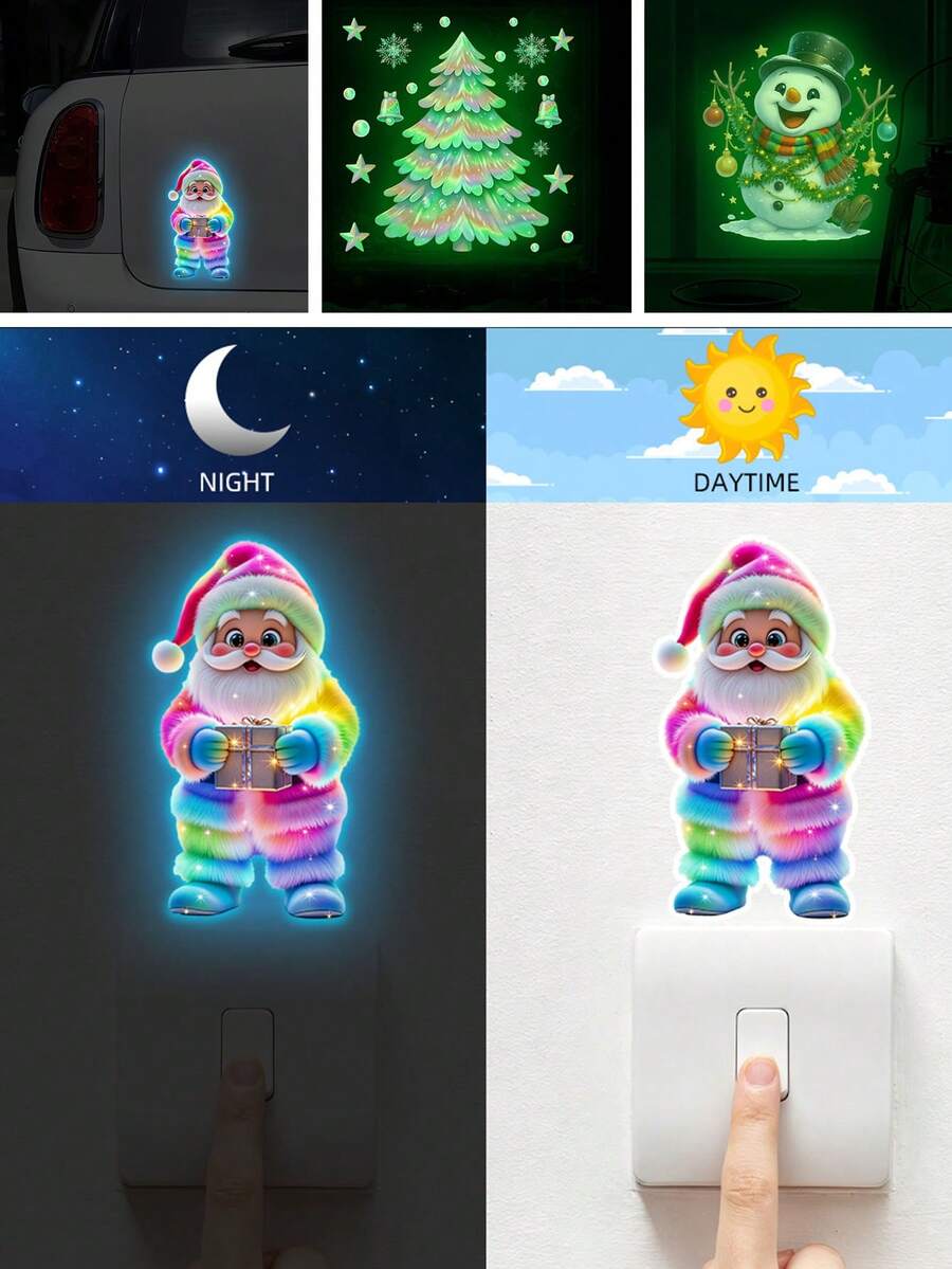 BRUP 1PC Luminous Santa Claus Christmas Tree Snowman Decal, Glow In Dark Christmas Wall Sticker, Colorful Rainbow Switch Sticker For Kids Room Home Car - Multicolor - View 1