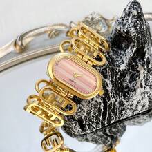 1pc Women's Watch Flat Oval Striped Design Dial Creative Double F Chain Luxury Elegant Quartz Wristwatch - Pink - View 6