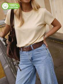 Women's Solid-Color, Versatile Crew-Neck Short-Sleeve T-Shirt; Apricot Pure Cotton Top; Casual Everyday Top For Autumn. - Apricot - View 11