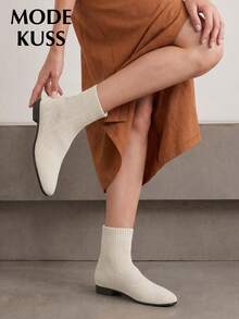 MODE KUSS New Women's Fashionable Autumn/Winter Versatile Elastic Knit Sock Boots, Mesh Breathable Fabric, Slip-On Square Toe Flat Soft Leg-Hugging Minimalist Ankle Boots - Beige - View 2
