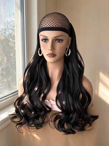 HEYPINK V-Shaped Clip-In Hair Extensions, Black, 20-22 Inches Long, Natural Wavy Curly Hair, Synthetic Fiber Hair Pieces - Black - View 3