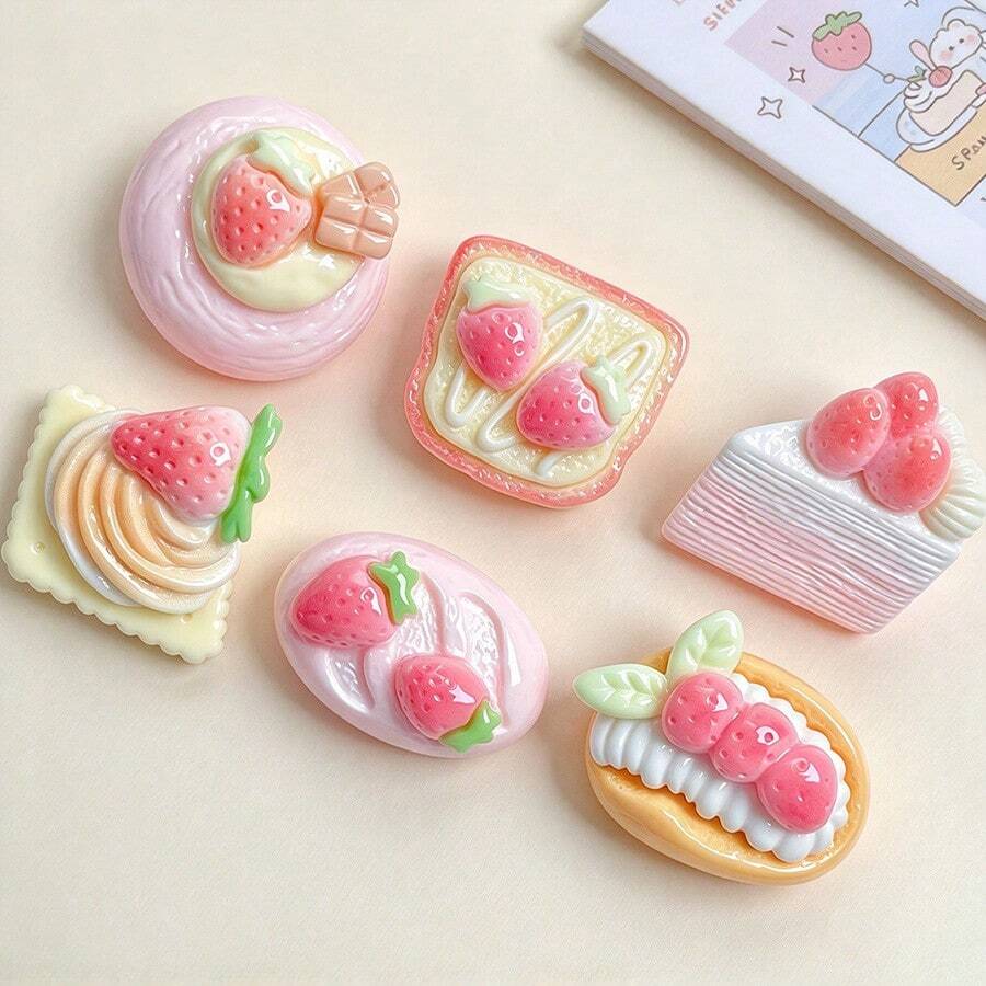 10/30/50pcs Strawberry Cake Series Decorative Accessories, Handmade DIY Cream Glue Resin Patches - Random Mix - Strawberry Cake Series - View 1