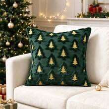 1pc Plush Embroidered Christmas Tree Pillow Case, Bohemian Style Square Throw Pillow Cover For Living Room, Bedroom, Sofa, All Seasons - Dark Green - View 4