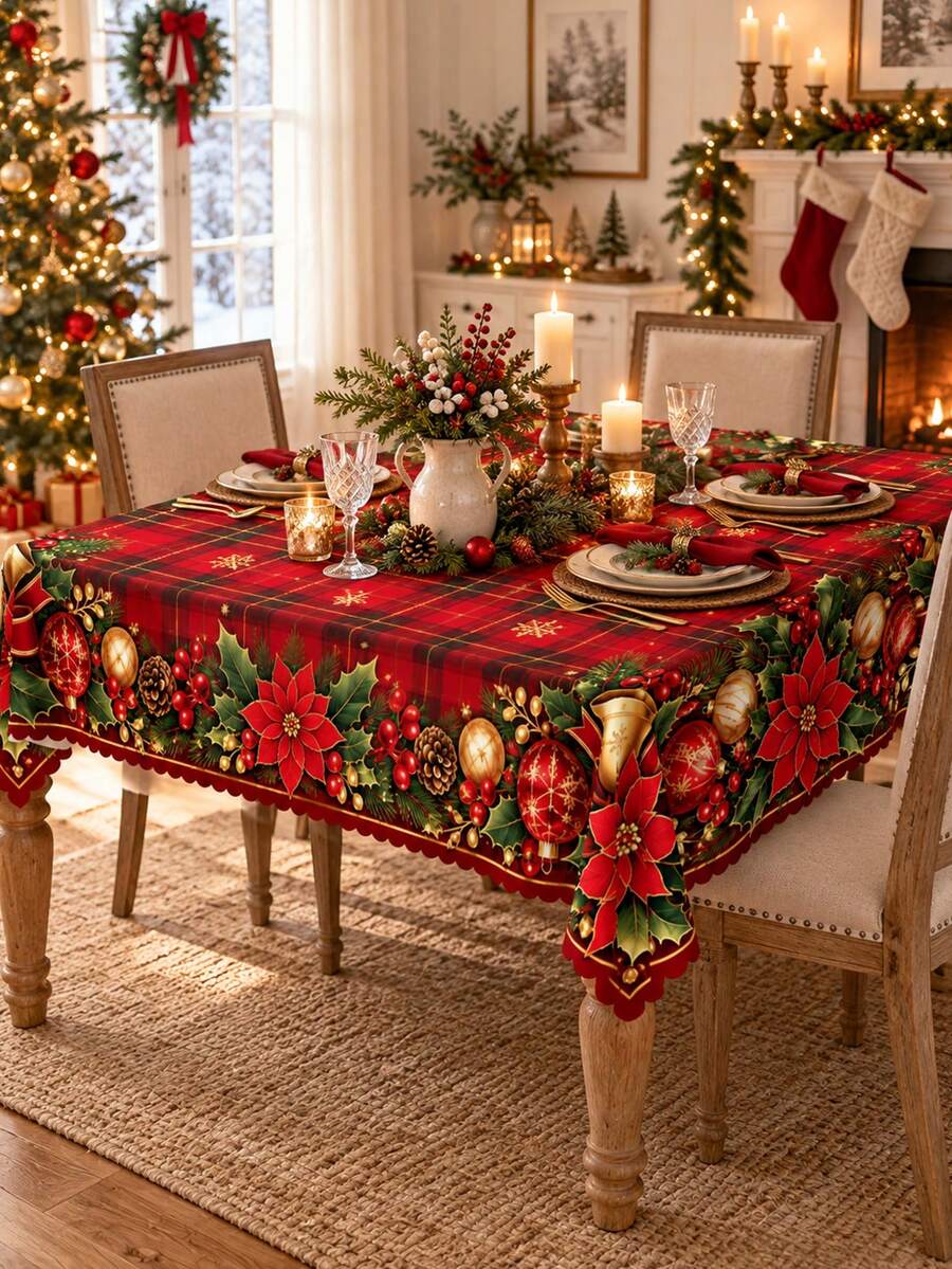 1Pc Red Plaid Christmas Tablecloth, Poinsettia Holly Berry Pinecone Gold Bell Ornament Print Round/Rectangular Table Cover, Classic Holiday Dining Decor For Christmas Dinner, Family Gathering, Kitchen & Winter Home - A - View 1
