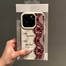 1件新款紅色蕾絲英文字設計品牌圖案荔枝紋全包覆TPU手機殼，適用於 18 17 16 15 14 13 12 11 Pro Max X XS XR 8 7 Plus - 多色2 - 查看 5