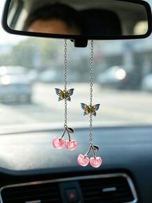 Butterfly Cherry Car Hanging Ornament, Exquisite Rearview Mirror Pendant, Cute Style Women's Car Decoration Accessory - A - View 6