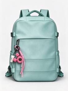 Women's Solid PU Backpack, Large Capacity With Side Pockets & Cute Fitness Charm, Preppy Style School Bag For Students, Travel & Daily Commute - Multicolor - View 3