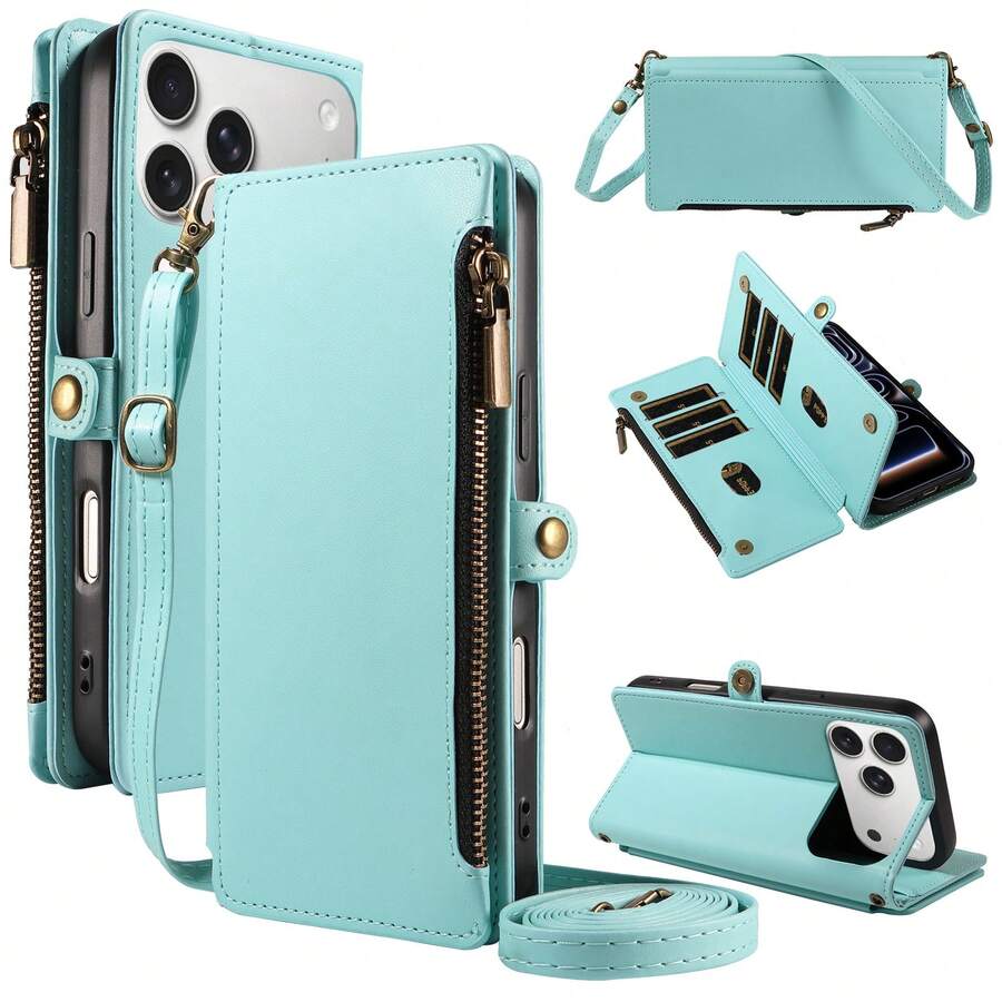 1pc Flip Cover Protective Case Compatible With Apple 17 Pro Max, Multi-Function Card Slot, Crossbody Strap, Hand Rope, Fashion Wallet Style, Artificial Leather, Series, Shopping, Travel, Phone Protective Shell