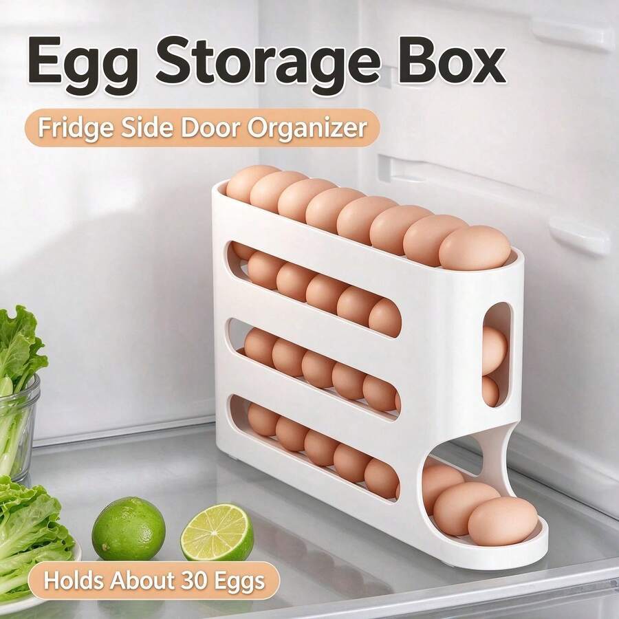 4層大容量滾動式保鮮蛋架，PP材質冰箱門側蛋收納盒，冰箱側門蛋整理架，必備廚房食物保鮮配件 - 白色 - 查看 1