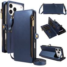 1pc Flip Cover Protective Phone Case Compatible With Apple 17 Pro Max, Multi-Function Card Slot, Crossbody Strap, Hand Rope, Fashion Wallet Style, Faux Leather, Series, Shopping, Travel, Phone Protective Shell - Royal Blue - View 2