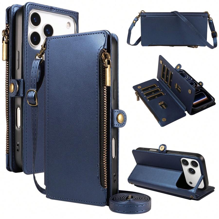 1pc Flip Cover Protective Phone Case Compatible With Apple 17 Pro Max, Multi-Function Card Slot, Crossbody Strap, Hand Rope, Fashion Wallet Style, Faux Leather, Series, Shopping, Travel, Phone Protective Shell