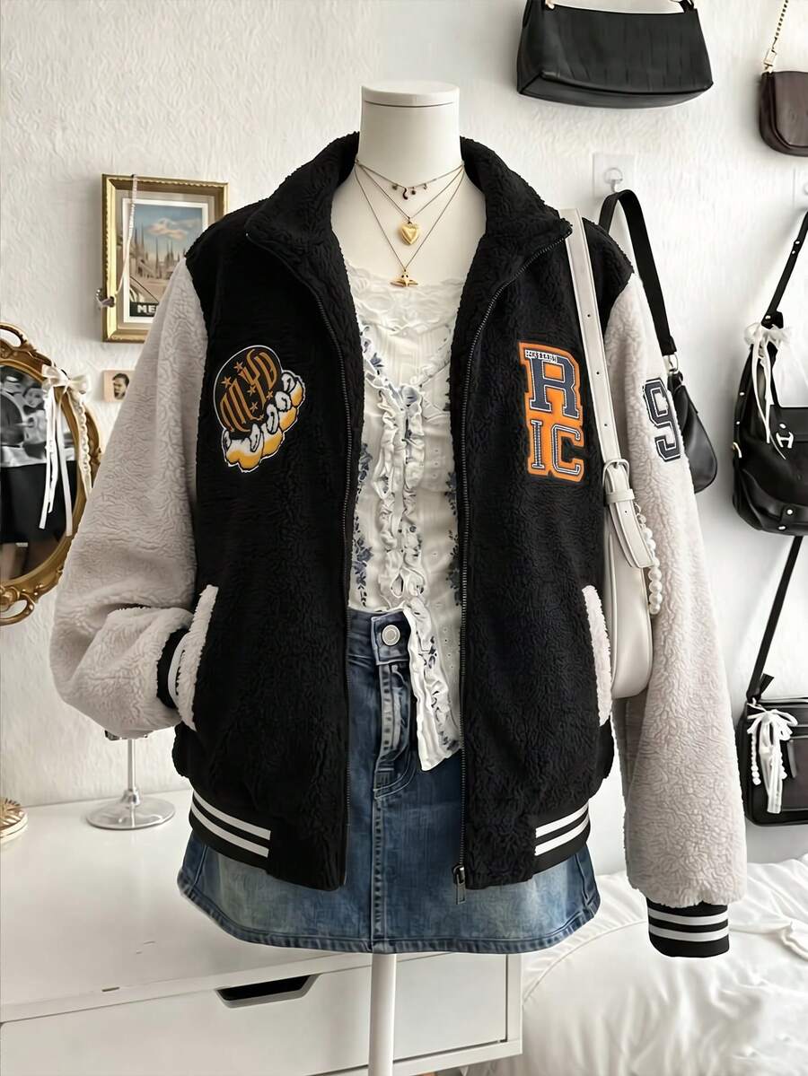 Women's Spring/Autumn American Retro Colorblock Lamb Fleece Baseball Jacket, Loose Fit Stand Collar Zipper Fleece Coat, Heavy Embroidery Patch Thick Warm Jacket - Black and White - View 1