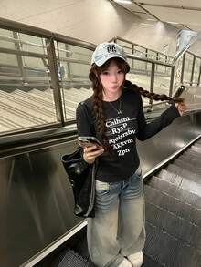 Korean Style Stacked English Print Short Long Sleeve T-Shirt Women Slim Fit Elastic Round Neck Sexy Slimming Base Layer Autumn Top - Black - View 1