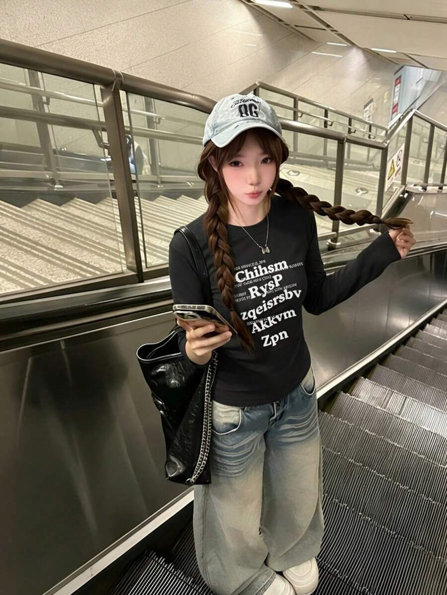 Korean Style Stacked English Print Short Long Sleeve T-Shirt Women Slim Fit Elastic Round Neck Sexy Slimming Base Layer Autumn Top - Black - View 1