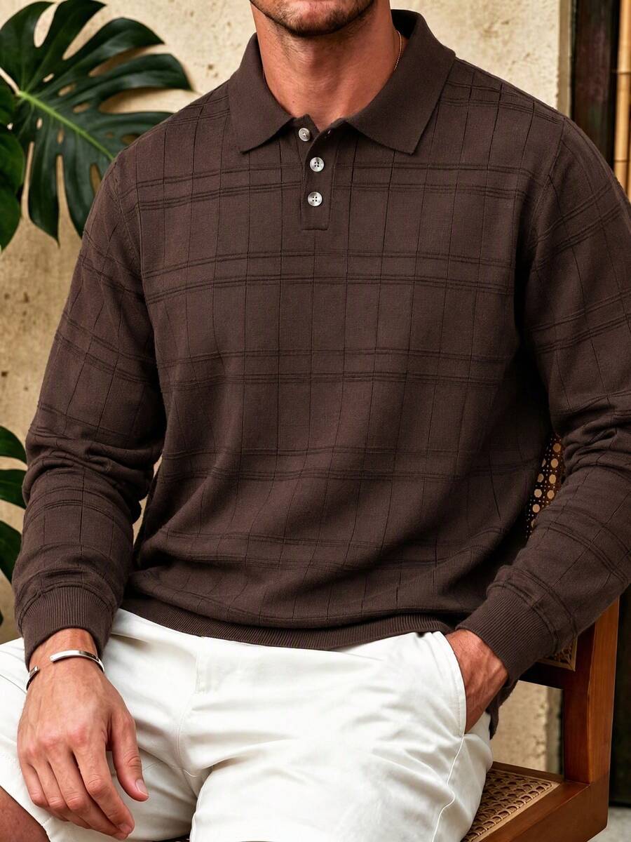 Men's Autumn/Winter Fashion Versatile Solid Color Casual Plaid Button-Up Collar Long Sleeve Sweater, Suitable For Daily Commute - Brown - View 1