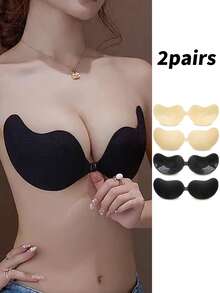 2pcs/Pack (Black + Nude) Self-Adhesive Silicone Invisible Bra Pads, Strapless Backless Push-Up Cups, Suitable For Wedding, Off-Shoulder Dress, Bridesmaid Party (Soft Fabric Surface) - Multicolor - View 1
